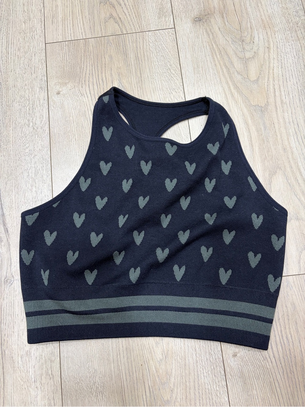 Spiritual Gangster Black High-Neck Heart Print Bralette with Olive Stripe